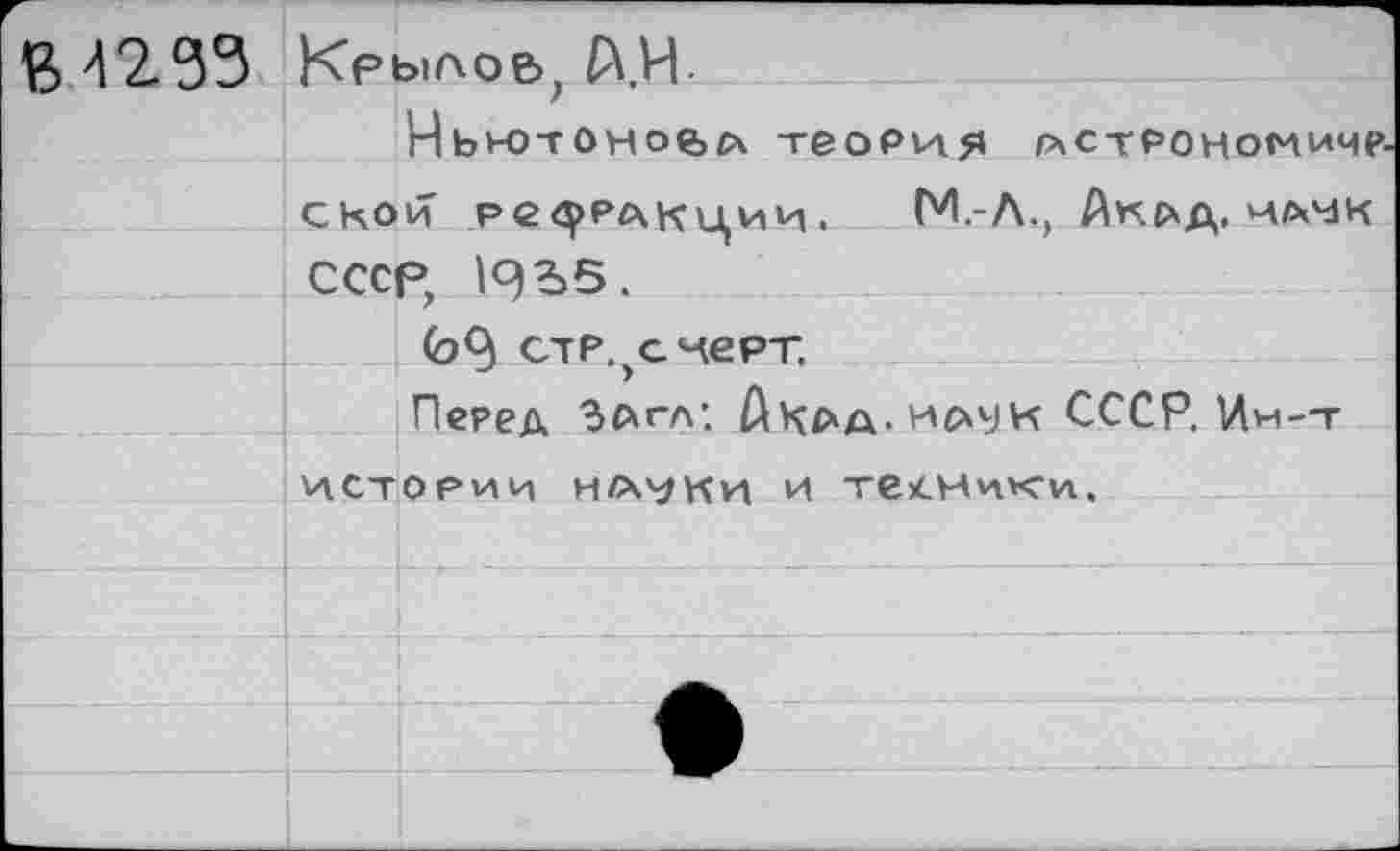 ﻿В 4233 Крылов, А.Н-
Ньютоноьй теория астрономии?. скои рс^ракции. М.-Л.) Акад. чамк СССР, 19 Ъ5.
09 отр^счерт.
Перед Загл: Дкаа-чаук СССР. Ин-т истории на\ши и те<нихи.